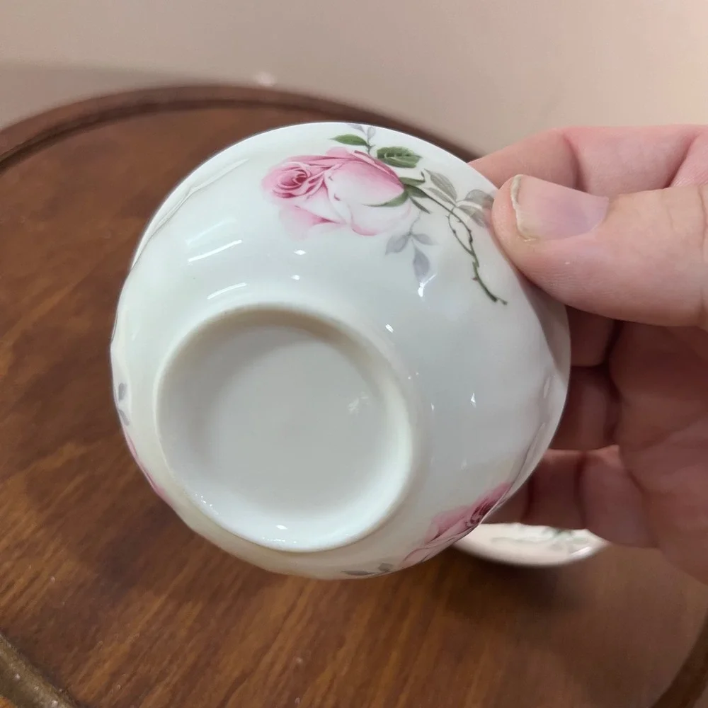 Vtg Allyn Nelson Porcelain Tea Strainer and Drip Bowl Set Pink Rose Floral 2pc
